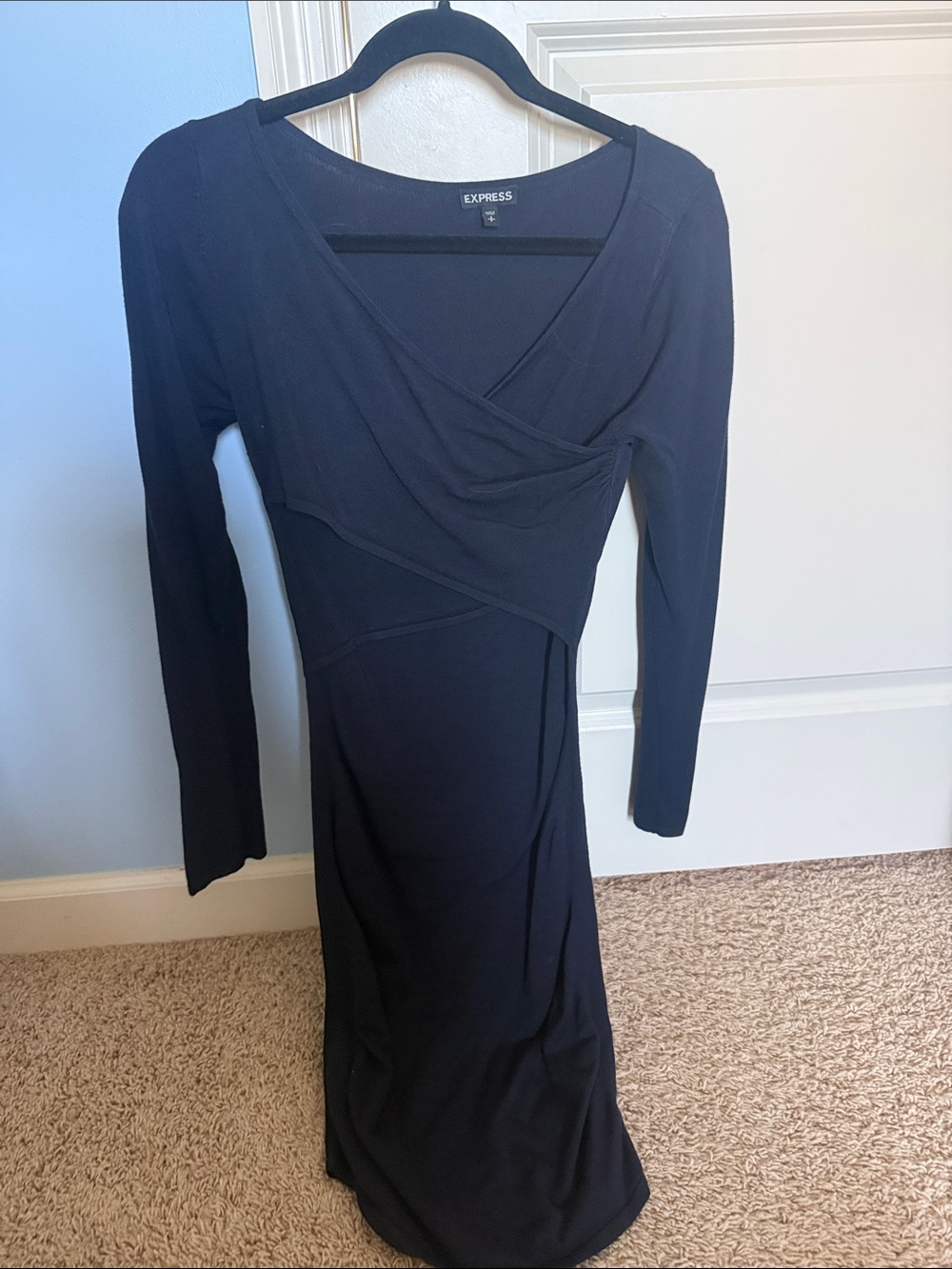 Express Black Long-Sleeve Wrap-Front Midi Dress